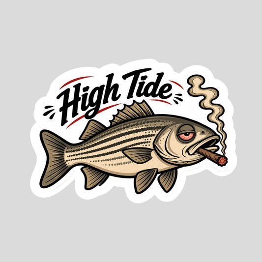 Tidewater Rods High Tide Striper vinyl sticker featuring a striped bass smoking a cigar on durable outdoor material.