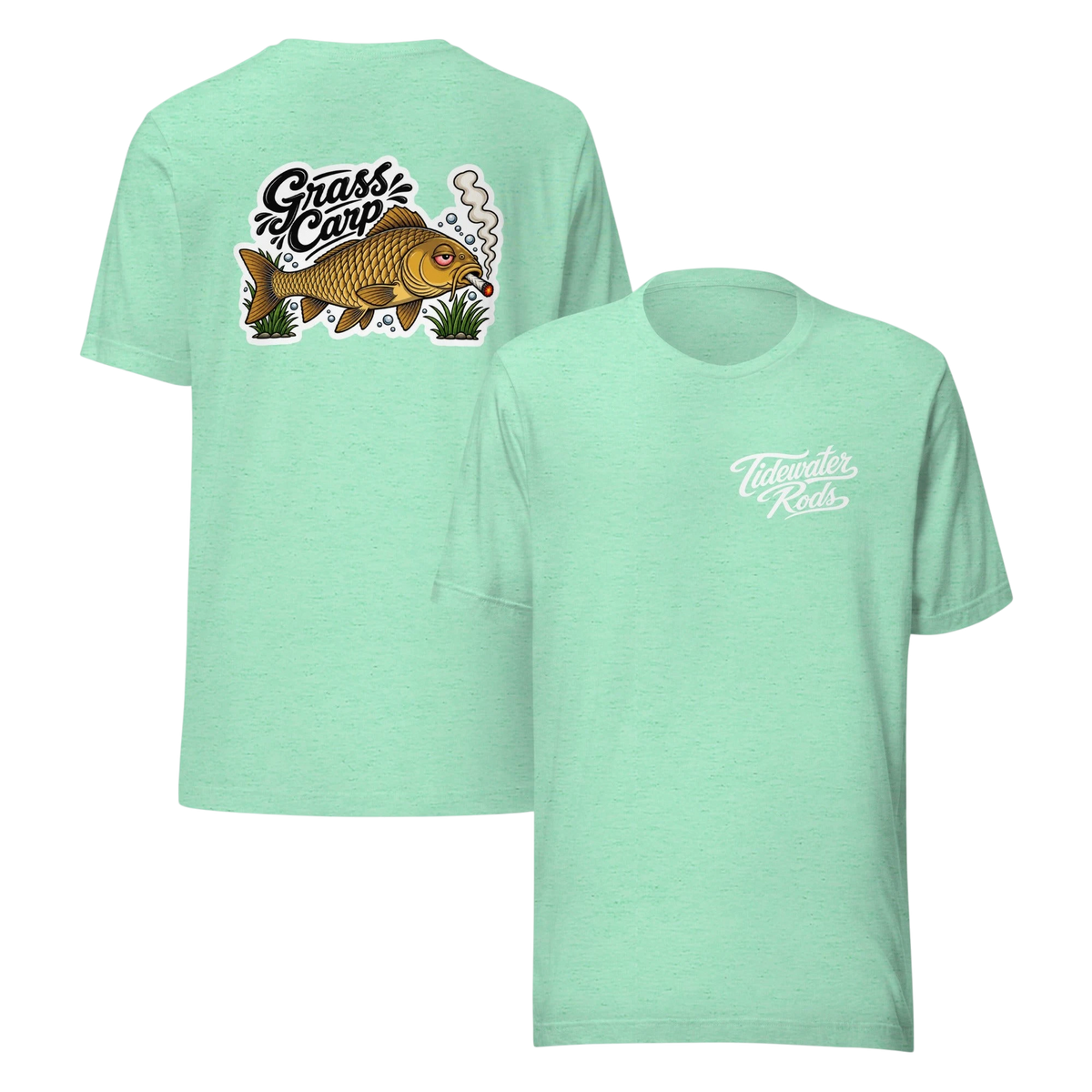 Tidewater Rods mint green cotton blend t-shirt featuring a Grass Carp graphic on the back and logo on the front.