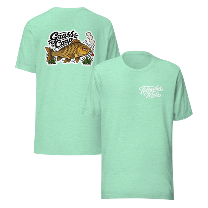 Tidewater Rods mint green cotton blend t-shirt featuring a Grass Carp graphic on the back and logo on the front.