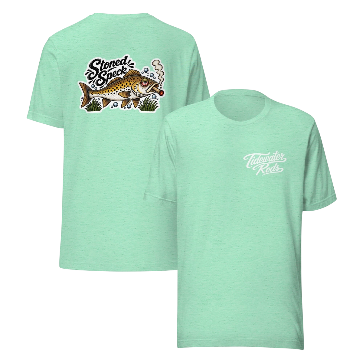 Tidewater Rods mint green cotton-blend t-shirt featuring a Stoned Speckled Trout graphic on the back and logo on front