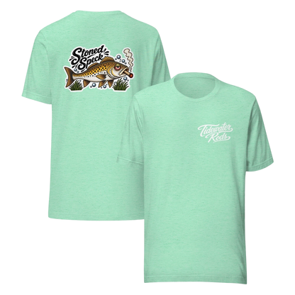 Tidewater Rods mint green cotton-blend t-shirt featuring a Stoned Speckled Trout graphic on the back and logo on front
