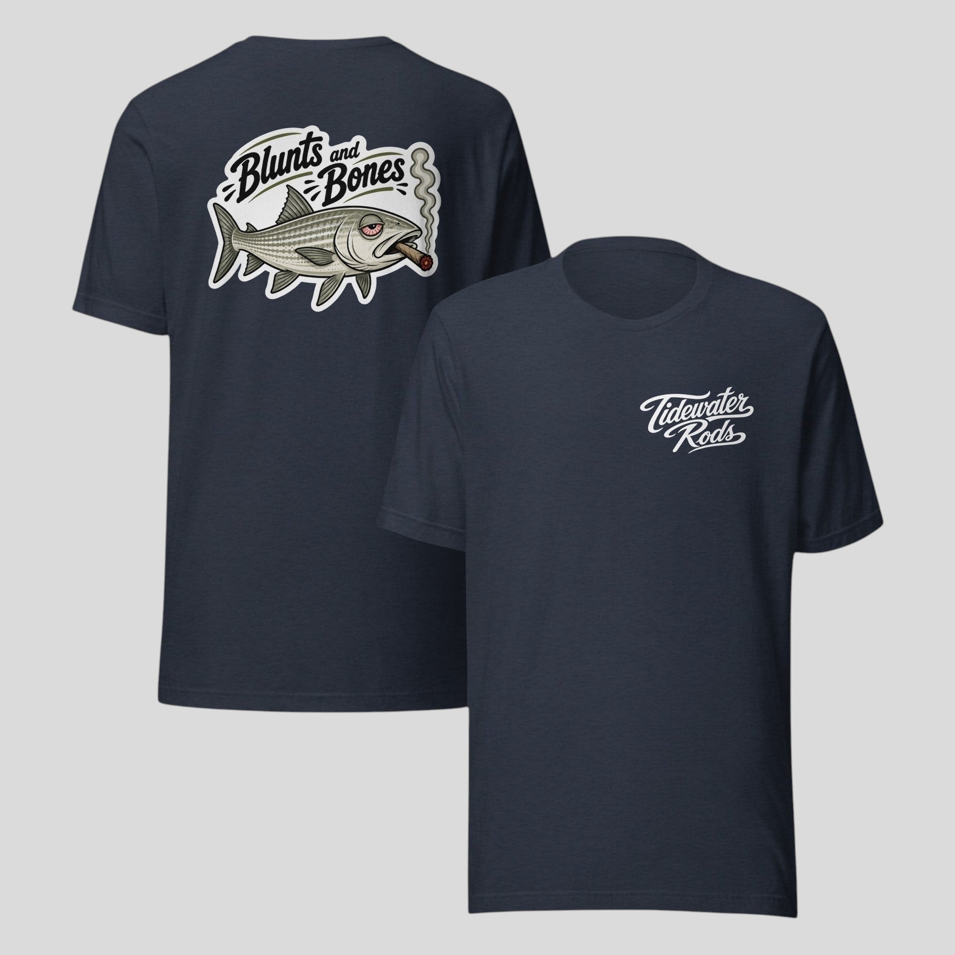 Tidewater Rods navy blue cotton blend t-shirt featuring a bonefish graphic on the back and brand logo on the front.