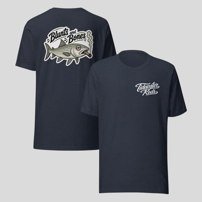 Tidewater Rods navy blue cotton blend t-shirt featuring a bonefish graphic on the back and brand logo on the front.
