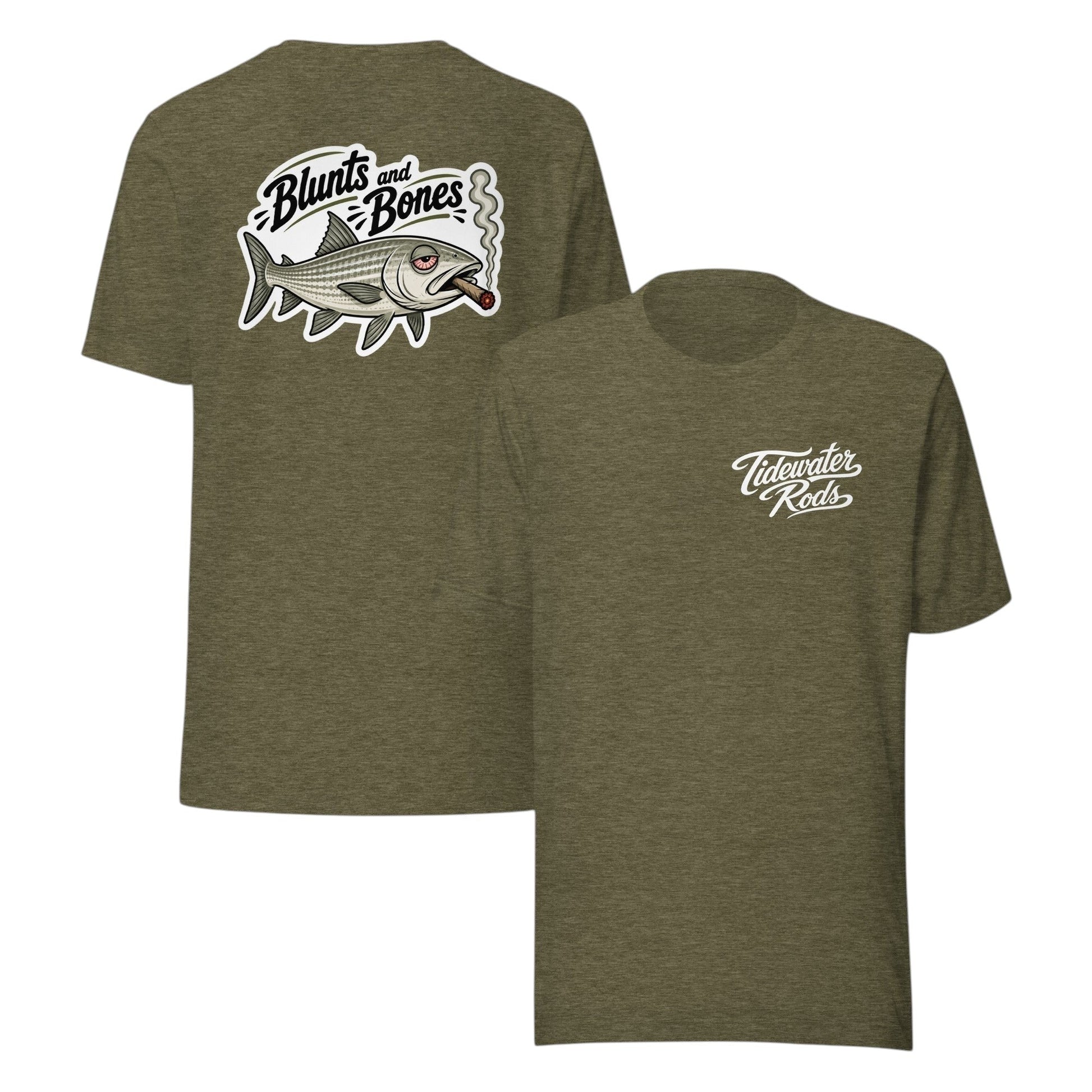 Tidewater Rods olive green cotton-polyester blend t-shirt with Blunts & Bonefish graphic on back and logo on front.