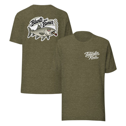 Tidewater Rods olive green cotton-polyester blend t-shirt with Blunts & Bonefish graphic on back and logo on front.