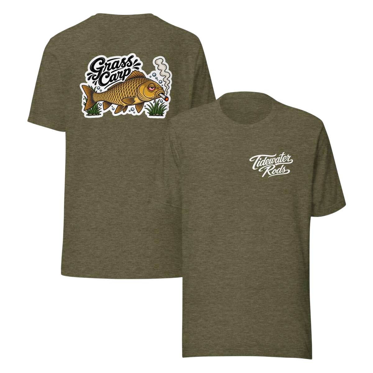 Tidewater Rods olive green cotton blend t-shirt featuring a Grass Carp graphic on the back and logo on the front.