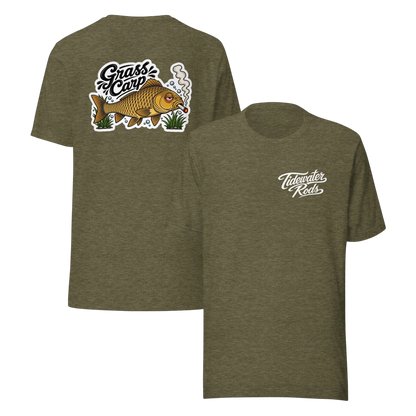 Tidewater Rods olive green cotton blend t-shirt featuring a Grass Carp graphic on the back and logo on the front.