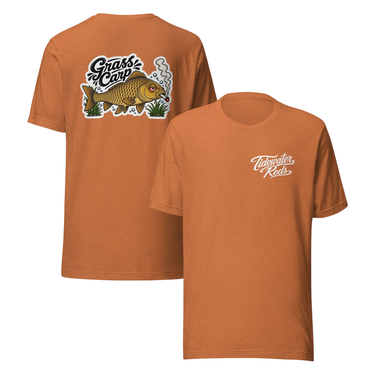 Tidewater Rods orange cotton-polyester blend t-shirt featuring a Grass Carp graphic on the back and logo on the front.