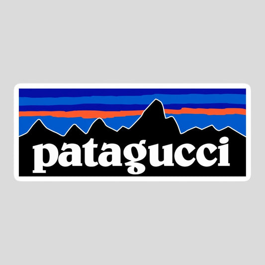 Tidewater Rods Patagucci large vinyl sticker featuring a mountain range graphic in blue, orange, and black.