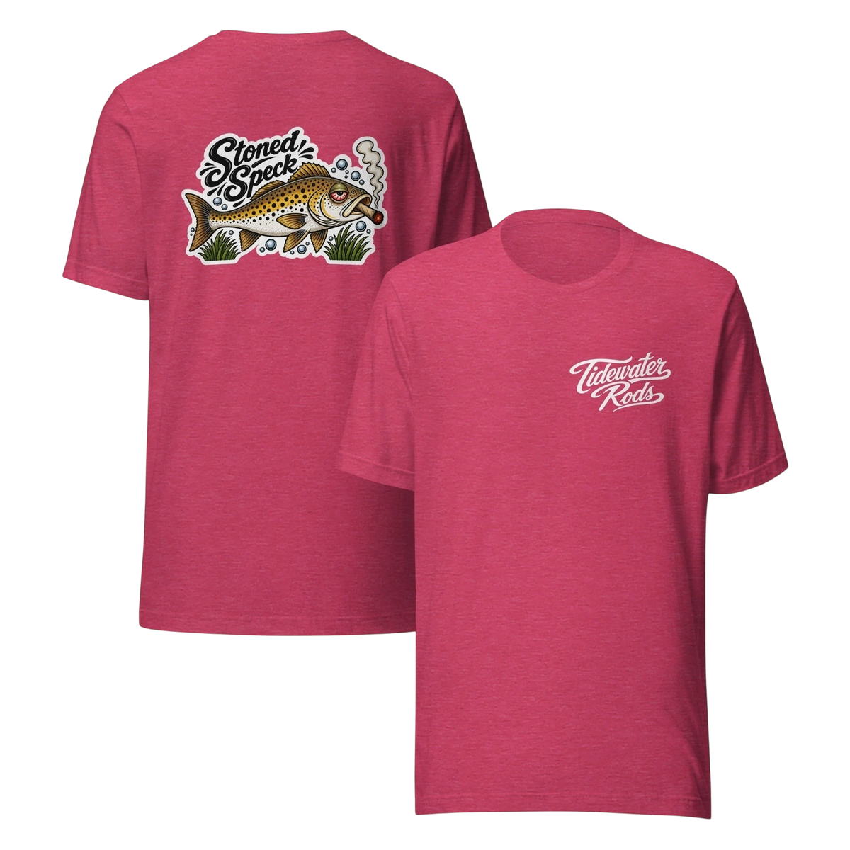 Tidewater Rods red heathered cotton-blend t-shirt with Stoned Speckled Trout graphic on back and logo on front