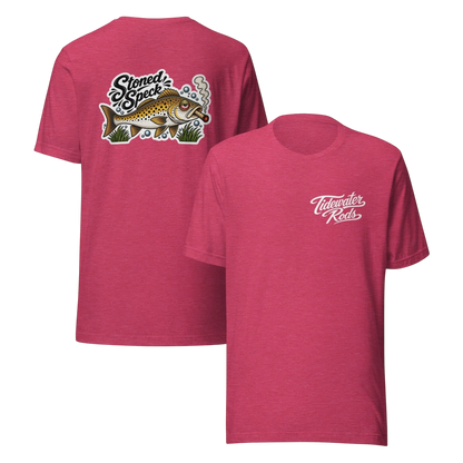 Tidewater Rods red heathered cotton-blend t-shirt with Stoned Speckled Trout graphic on back and logo on front