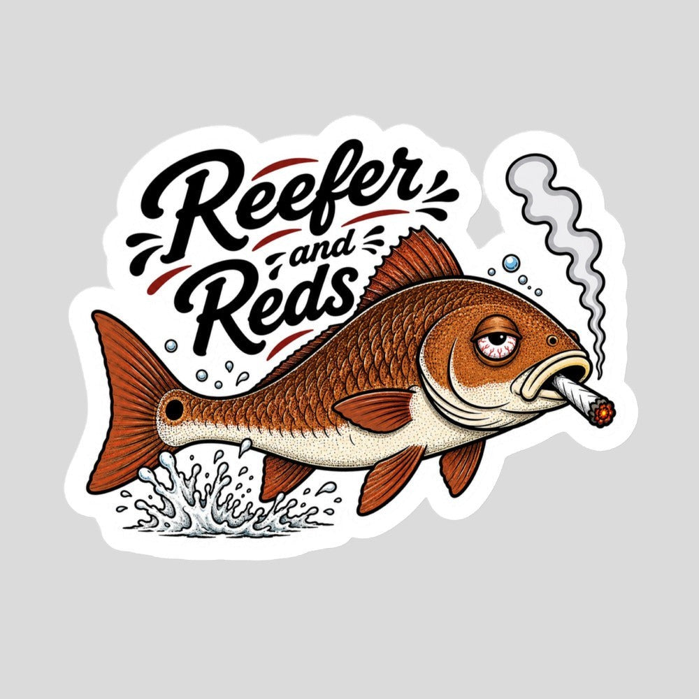 Tidewater Rods Reefer & Redfish 5.5-inch durable outdoor vinyl decal featuring a cartoon redfish smoking a joint.