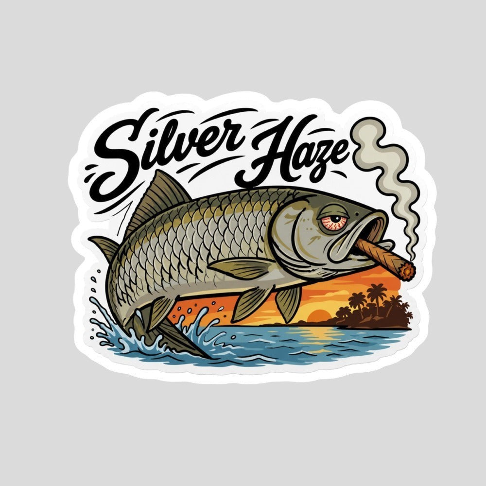 Tidewater Rods Silver Haze tarpon fish vinyl sticker with a smoking cigar, sunset, and palm tree background.