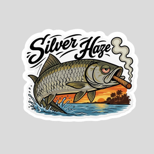 Tidewater Rods Silver Haze tarpon fish vinyl sticker with a smoking cigar, sunset, and palm tree background.