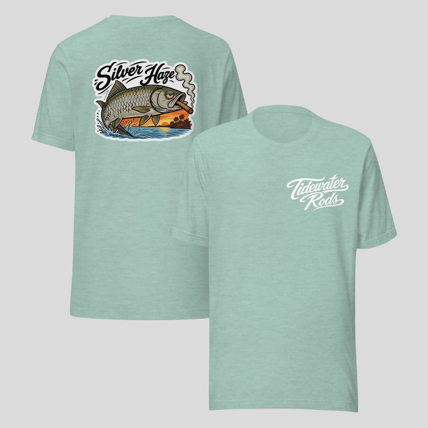 Tidewater Rods Silver Haze Tarpon Tee in light green cotton blend with back graphic and front logo