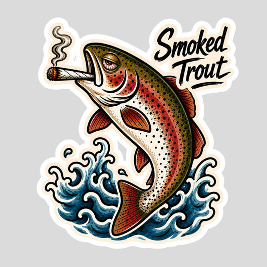 Tidewater Rods large vinyl sticker featuring a colorful trout smoking a cigarette over stylized blue water waves.