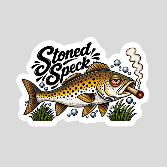 Tidewater Rods large speckled trout vinyl sticker featuring a humorous stoned fish design with bubbles and smoke.