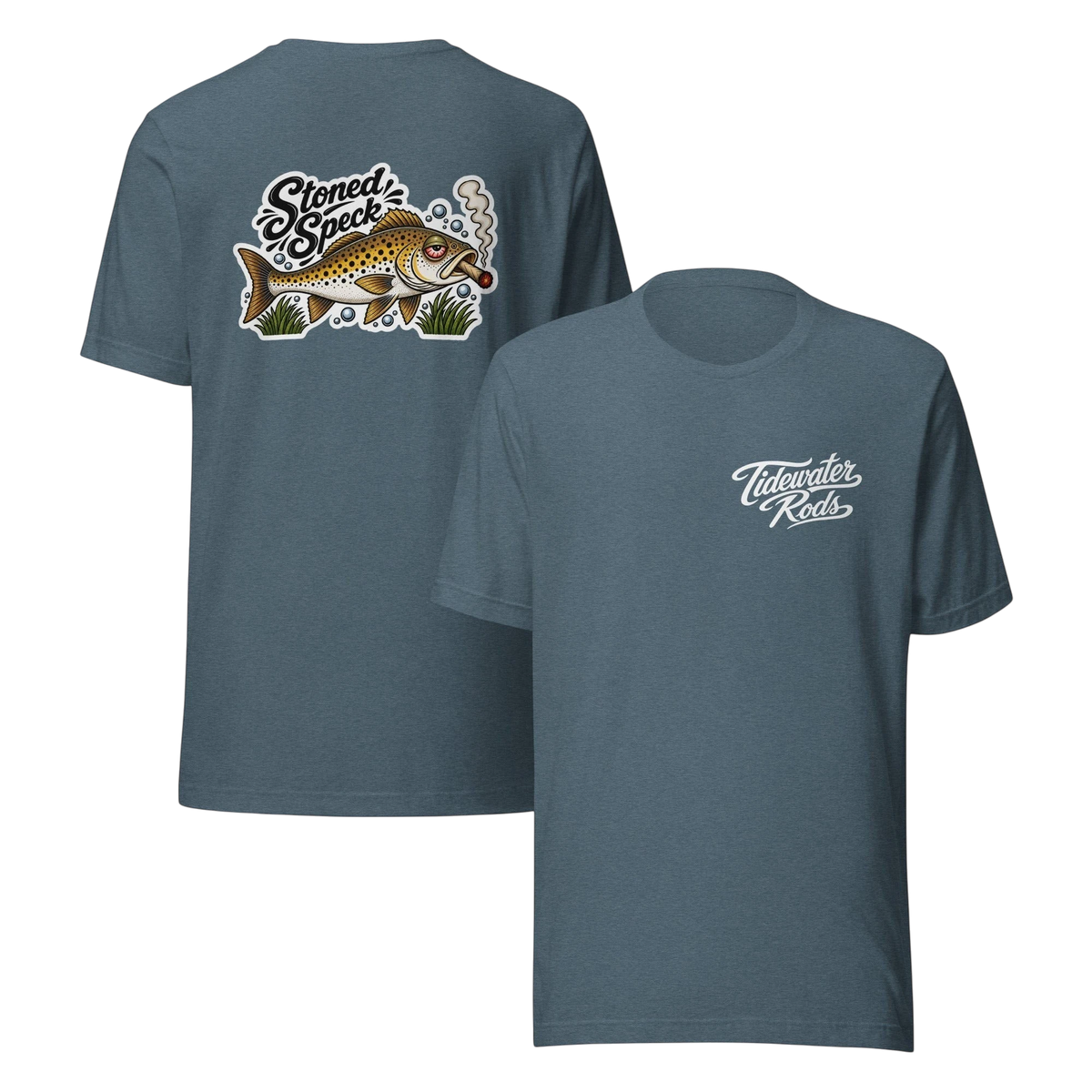 Tidewater Rods Stoned Speckled Trout graphic t-shirt in heather blue cotton-polyester blend with front and back print