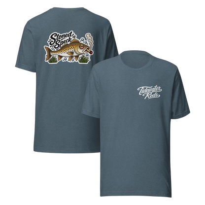 Tidewater Rods Stoned Speckled Trout graphic t-shirt in heather blue cotton-polyester blend with front and back print