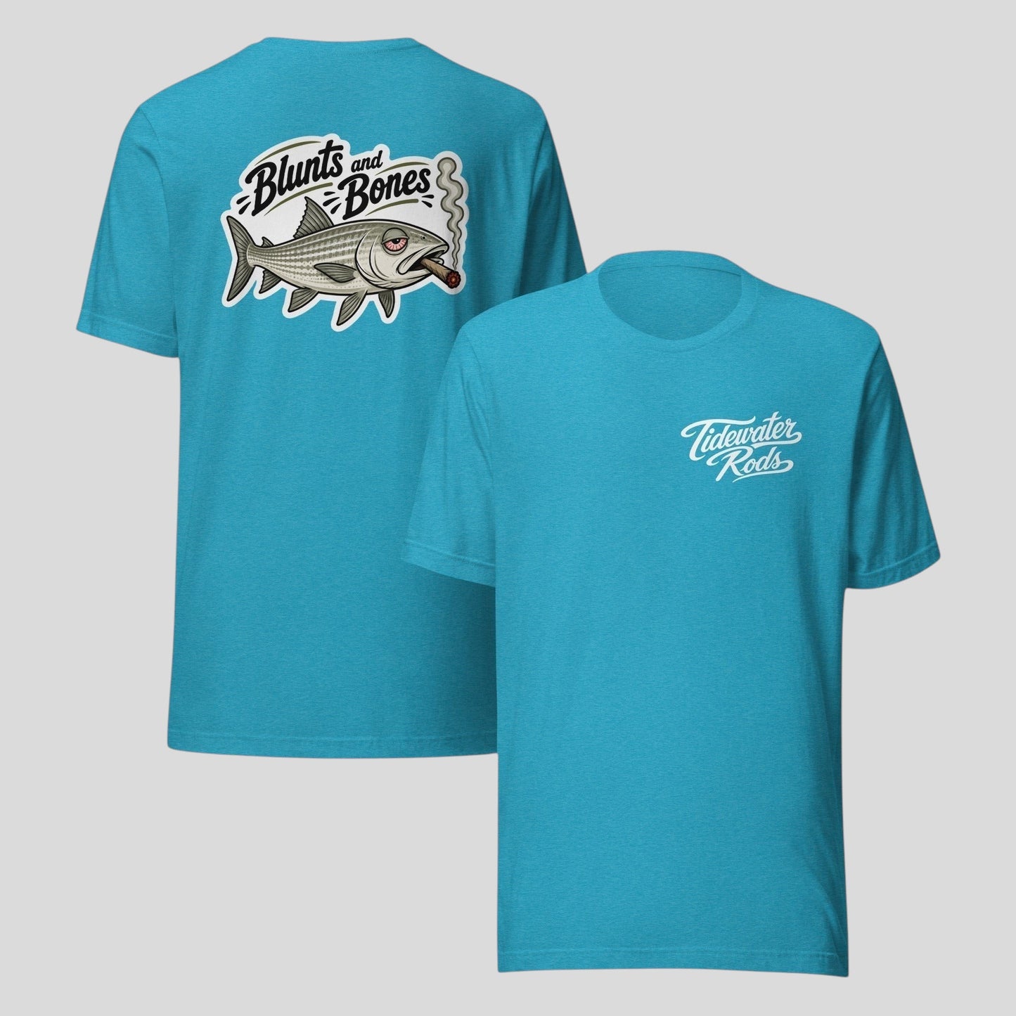 Tidewater Rods turquoise cotton-polyester blend t-shirt with Blunts and Bones fish graphic on back and logo on front